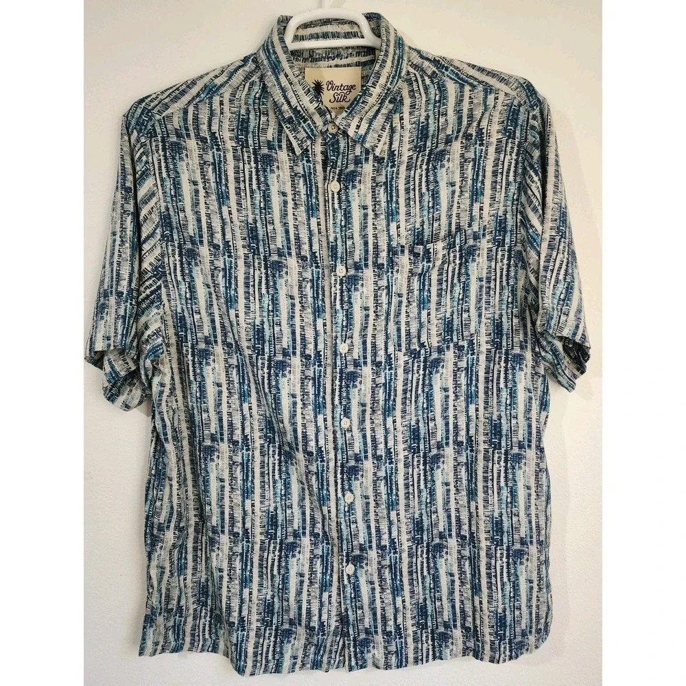 Vintage Silk Circa 1969 Hawaiian Camp Shirt Men XL Blue Abstract Striped 100%...